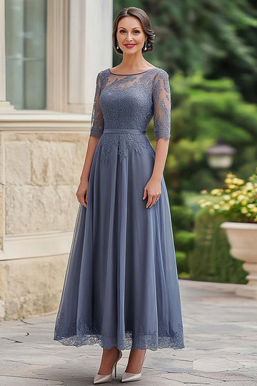 Elegancka zgaszona niebieska koronkowa sukienka dla matki panny młodej z półrękawami